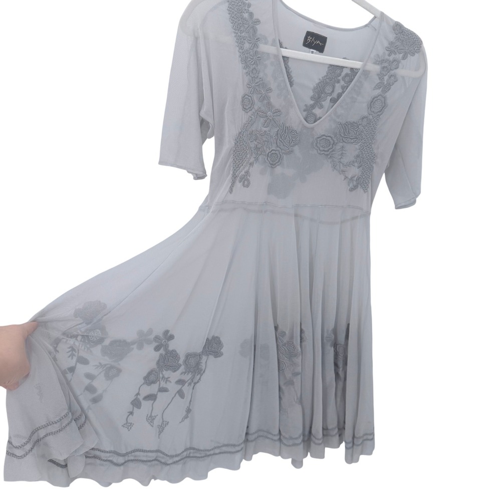 Biya Johnny Was Gray Mesh Sheer Embroidered V-Neck Boho A-Line Dress Small